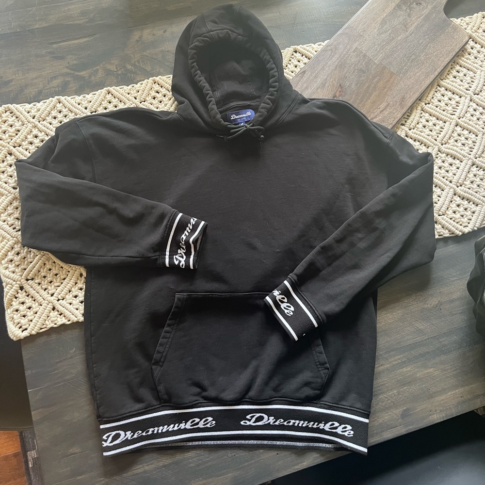 Dreamville Banded Sweatshirt Black Logo Trim Drawstring Hood Size L Excellent